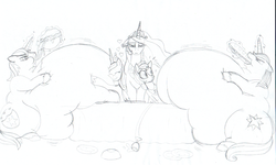 Size: 1000x599 | Tagged: source needed, useless source url, safe, artist:lollipoppaintbrush, prince blueblood, princess cadance, princess celestia, princess luna, shining armor, alicorn, pony, unicorn, g4, belly, bhm, chubby, eating contest, fat, fat fetish, fetish, impossibly large belly, magic, morbidly obese, obese, prince blueblob, shining blubber, unamused