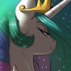 Size: 1000x1000 | Tagged: safe, artist:kevinsano, princess celestia, alicorn, pony, g4, bedroom eyes, bust, cropped, crown, ethereal mane, female, jewelry, mare, portrait, regalia, smiling, solo