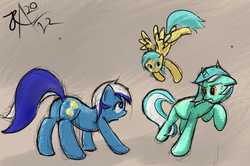 Size: 594x394 | Tagged: safe, artist:zealie, lyra heartstrings, minuette, sunshower raindrops, pegasus, pony, unicorn, g4, female, mare