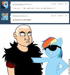 Size: 712x762 | Tagged: safe, rainbow dash, human, pegasus, pony, g4, animated, ask, asklord-caesar, bald, caesar (fallout), fallout: new vegas, female, male, man, mare, rubbing, sunglasses, touching, ttotheaffy, tumblr