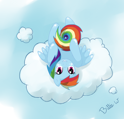 Size: 1900x1833 | Tagged: safe, artist:missangest, rainbow dash, g4, cloud, on back, strategically covered, tail censor, upside down