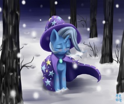 Size: 1200x1008 | Tagged: safe, artist:mrs1989, trixie, pony, unicorn, g4, cape, clothes, eyes closed, female, forest, hat, mare, snow, snowfall, solo, trixie's cape, trixie's hat