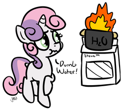 Size: 1448x1285 | Tagged: safe, artist:heretichesh, sweetie belle, pony, unicorn, g4, bad cooking, cooking, dumb fabric, epic fail, fail, female, filly, fire, food, how, raised hoof, scrunchy face, simple background, solo, stove, sweetie belle can't cook, sweetie fail, this will end in tears and/or breakfast, water, white background