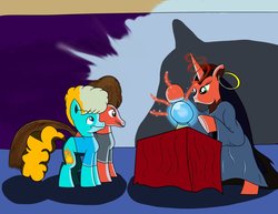 Size: 1017x786 | Tagged: safe, artist:rad-toucan, earth pony, pony, unicorn, beavis, beavis and butthead, butthead, crystal ball, fortune teller, horn, madame blavatsky, ponified