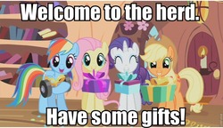 Size: 843x486 | Tagged: safe, edit, edited screencap, screencap, applejack, fluttershy, rainbow dash, rarity, g4, secret of my excess, bronybait, dumbbell (object), grin, happy, image macro, mouth hold, present, smiling, weights, welcome to the herd