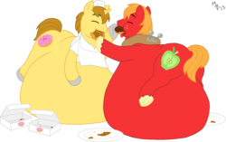 Size: 1152x724 | Tagged: safe, artist:lollipoppaintbrush, big macintosh, donut joe, earth pony, pony, g4, belly, belly bed, bhm, bigger macintosh, chubby cheeks, colored, double chin, fat, feeding, immobile, impossibly large belly, male, morbidly obese, neck roll, obese, rolls of fat, stallion