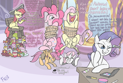 Size: 1276x862 | Tagged: safe, artist:fr-13, apple bloom, fluttershy, pinkie pie, rarity, scootaloo, sweetie belle, earth pony, pegasus, pony, unicorn, g4, babysitting, bondage, carousel boutique, cutie mark crusaders, engrish, female, filly, hoof tickling, makeup, mare, pirate, suspended, tickle torture, tickling, tied up