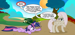 Size: 1200x560 | Tagged: safe, artist:pixelkitties, fluttershy, twilight sparkle, pegasus, pony, unicorn, g4, circling stars, discorded, dizzy, female, flutterbitch, mare, unicorn twilight