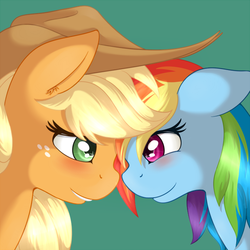 Size: 650x650 | Tagged: safe, artist:ratofdrawn, applejack, rainbow dash, g4, accessory, blushing, duo, eye contact, female, hat, lesbian, lip bite, looking at each other, ship:appledash, shipping, simple background, smiling
