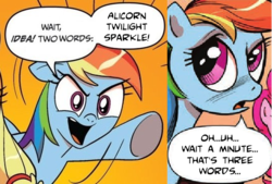 Size: 540x366 | Tagged: safe, idw, rainbow dash, g4, embarrassed, exploitable meme, meme, two words meme