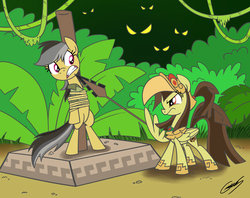 Size: 1910x1510 | Tagged: safe, artist:gearholder, daring do, oc, oc:tailcoatl, pegasus, pony, g4, aztec, bondage, duo, female, mare, mexico, obsidian, spear, tepoztopilli, tied up, weapon, wing hold