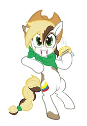 Size: 1332x1935 | Tagged: safe, artist:1ltdaniels, oc, oc:roasty bean, pony, arepa, bipedal, collaboration, colombia, country, flag, food, freckles, hat, hoof hold, looking at you, nation ponies, neckerchief, ponified, simple background, smiling, white background