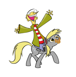 Size: 964x975 | Tagged: safe, artist:jigglybelle, derpy hooves, pegasus, pony, g4, crossover, ed (ed edd n eddy), ed edd n eddy, excited, female, funny, funny as hell, jim miller, mare, muffin, riding, simple background