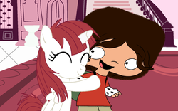 Size: 1600x1000 | Tagged: safe, artist:beavernator, oc, oc:fausticorn, craig mccracken, crossover, cute, faustabetes, filly, foal, foster's home for imaginary friends, hug, lauren faust, mac (foster's), male, ocbetes