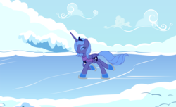 Size: 1276x775 | Tagged: safe, artist:tenchi-outsuno, princess luna, pony, g4, clothes, cloud, eyes closed, female, ice, ice skating, s1 luna, scarf, sky, snow, solo, winter