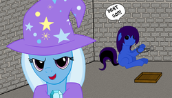 Size: 1634x930 | Tagged: safe, artist:fallentng, trixie, oc, g4, blank flank, dungeon