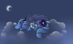 Size: 1051x637 | Tagged: safe, artist:tenchi-outsuno, princess luna, oc, oc:sapphire dawn, g4, cloud, crescent moon, filly, maternaluna, moon, night, sleeping