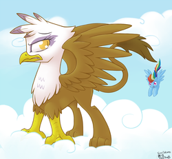 Size: 1006x928 | Tagged: safe, artist:tenchi-outsuno, gilda, rainbow dash, griffon, g4, cloud, cloudy