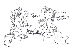 Size: 839x574 | Tagged: safe, artist:tenchi-outsuno, spitfire, twilight sparkle, g4, sketch, tea