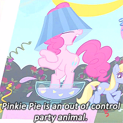 Size: 245x245 | Tagged: safe, screencap, cloud kicker, pinkie pie, g4, ponyville confidential, bipedal, caption, cropped, gif, hat, lampshade, lampshade hat, non-animated gif, punch, punch (drink), punch bowl, subtitles