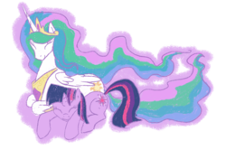 Size: 1248x827 | Tagged: safe, artist:tenchi-outsuno, princess celestia, twilight sparkle, g4, momlestia, sleeping