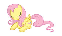 Size: 803x471 | Tagged: safe, artist:tenchi-outsuno, fluttershy, g4, eyes closed, lying down, prone, simple background, solo, white background