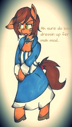 Size: 430x750 | Tagged: safe, artist:wirelesspony, applejack, earth pony, semi-anthro, g4, ask, bioshock infinite, cosplay, elizabeth, female, liarjack, mare, solo, traditional art