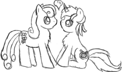 Size: 564x333 | Tagged: safe, artist:yokoraven, bon bon, lyra heartstrings, sweetie drops, earth pony, pony, unicorn, g4, black and white, female, grayscale, heart, lesbian, looking at each other, monochrome, ship:lyrabon, shipping, simple background, white background