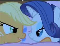 Size: 789x611 | Tagged: safe, artist:thexxxx, edit, edited screencap, screencap, applejack, rarity, pony, g4, look before you sleep, cropped, female, golden oaks library, lesbian, mare, pillow, ship:rarijack, shipping