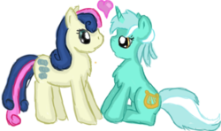 Size: 564x333 | Tagged: dead source, safe, artist:yokoraven, bon bon, lyra heartstrings, sweetie drops, earth pony, pony, unicorn, g4, colored, female, heart, lesbian, looking at you, love, ship:lyrabon, shipping, simple background, transparent background