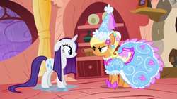 Size: 640x360 | Tagged: safe, screencap, applejack, rarity, pony, unicorn, g4, look before you sleep, clothes, dress, female, froufrou glittery lacy outfit, golden oaks library, hennin, mare, princess applejack, puffy sleeves, wet, wet mane, wet mane rarity