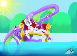 Size: 2294x1662 | Tagged: safe, artist:hills-to-sky, rarity, spike, dragon, g4, adult spike, alcohol, bottle, couch, day, eye contact, female, gem, glass, jewelry, looking at each other, male, older, older spike, ship:sparity, shipping, straight, sun, swimming pool, wine, wine bottle, wine glass