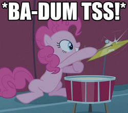 Size: 400x354 | Tagged: safe, edit, edited screencap, screencap, pinkie pie, pony, baby cakes, ba dum tss, cropped, cymbals, dexterous hooves, drums, drumsticks, female, hoof hold, image macro, musical instrument, reaction image, rimshot, solo