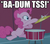 Size: 400x354 | Tagged: safe, edit, edited screencap, screencap, pinkie pie, earth pony, pony, baby cakes, season 2, ba dum tss, cropped, cymbals, dexterous hooves, drums, drumsticks, female, grin, hoof hold, image macro, mare, musical instrument, reaction image, rimshot, sitting, smiling, solo