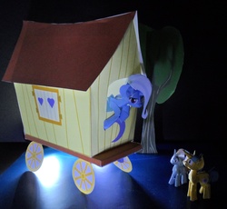 Size: 2813x2592 | Tagged: safe, artist:puffinrailsociety, artist:puffinstudios, snails, snips, trixie, g4, dark, glowing, papercraft, photo, trixie's wagon, wagon