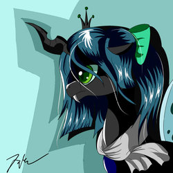 Size: 894x894 | Tagged: safe, artist:camaine, queen chrysalis, changeling, changeling queen, nymph, g4, bow, bust, clothes, crown, cute, cutealis, female, filly, filly queen chrysalis, foal, hair bow, jewelry, regalia, shadow, signature, younger