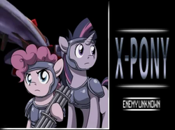 Size: 447x333 | Tagged: safe, artist:doomy, pinkie pie, twilight sparkle, g4, armor, gun, minigun, x-com