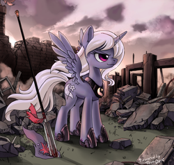 Size: 1000x950 | Tagged: dead source, safe, artist:dexhaiken, trixie, alicorn, pony, g4, alicornified, female, race swap, ruins, solo, spear, trixiecorn, weapon