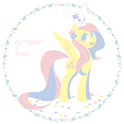 Size: 600x600 | Tagged: dead source, safe, artist:yousukou, angel bunny, fluttershy, pegasus, pony, g4, duo, female, flat colors, looking at something, looking up, mare, sitting on head, smiling, spread wings, wings