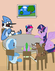 Size: 786x1017 | Tagged: safe, artist:kaiamurosesei, spike, trixie, twilight sparkle, alicorn, pony, unicorn, g4, crossover, crossover shipping, female, male, mare, mordecai, mordecai and rigby, mordetwi, regular show, rigby (regular show), shipping, twilight sparkle (alicorn)