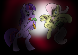 Size: 1201x857 | Tagged: safe, artist:phillnana, fluttershy, twilight sparkle, g4, broom, carrot