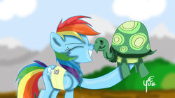 Size: 600x338 | Tagged: safe, artist:yuukon, rainbow dash, tank, pegasus, pony, tortoise, g4, boop, noseboop