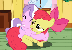 Size: 861x600 | Tagged: safe, artist:ruxify, apple bloom, diamond tiara, earth pony, pony, animated, bow, cute, diabetes, diamondbetes, diamondbloom, eyes closed, female, filly, grin, hair bow, hape, hnnng, hug, open mouth, out of character, out of context, prone, shipping, show accurate, smiling