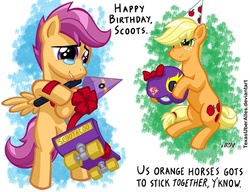 Size: 720x553 | Tagged: safe, artist:texasuberalles, applejack, scootaloo, earth pony, pegasus, pony, g4, ashleigh ball, birthday, duo, hat, helmet, madeleine peters, orange mane, orange skin, party hat, scootalove, scooter