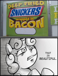 Size: 537x700 | Tagged: safe, sweetie belle, g4, bacon, exploitable meme, meme, snickers, that is beautiful