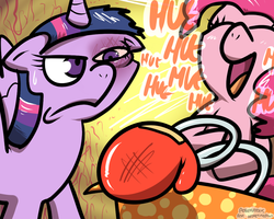 Size: 1000x800 | Tagged: safe, artist:pokehidden, pinkie pie, twilight sparkle, alicorn, pony, g4, abuse, black eye, boxing gloves, duo, female, injured, laughing, mare, pinkie prick, prank, present, twilight sparkle (alicorn), twilight sparkle is not amused, twilybuse, unamused