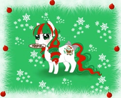 Size: 993x804 | Tagged: safe, artist:reachfarhigh, merry treat, g1, abstract background, bow, christmas, closed mouth, cloven hooves, cookie, eyes open, food, holiday, mouth hold, plate, side view, solo, standing, tail, tail bow