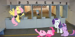 Size: 1680x844 | Tagged: safe, fluttershy, pinkie pie, rarity, spike, twilight sparkle, dragon, earth pony, pegasus, pony, unicorn, g4, arctic warfare, cutie mark, eyes closed, female, flying, gun, hooves, horn, irl, laughing, legs in air, lying down, mare, open mouth, optical sight, ponies in real life, rifle, shooting range, sitting, smiling, sniper rifle, snipershy, spikeabuse, spiketarget, teeth, weapon, wings