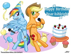 Size: 756x575 | Tagged: safe, artist:texasuberalles, applejack, rainbow dash, earth pony, pegasus, pony, g4, ashleigh ball, balloon, birthday, birthday cake, cake, cupcake, duo, flute, food, looking at you, microphone, musical instrument, wing hands