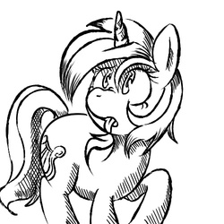 Size: 500x500 | Tagged: safe, artist:discommunicator, lyra heartstrings, pony, unicorn, g4, black and white, female, grayscale, monochrome, raised hoof, simple background, solo, tongue out, white background